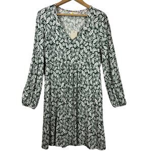 NWT Boden Green And White Cotton Botanical Leaf Print Long Sleeve Dress Women 8P